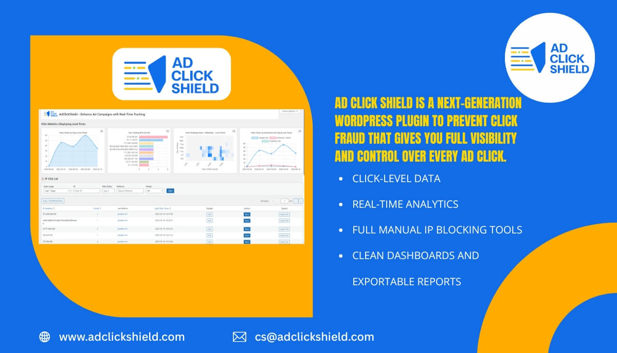 Ad Click Shield is a next-generation WordPress plugin to prevent click fraud that gives you full visibility and control over every ad click.